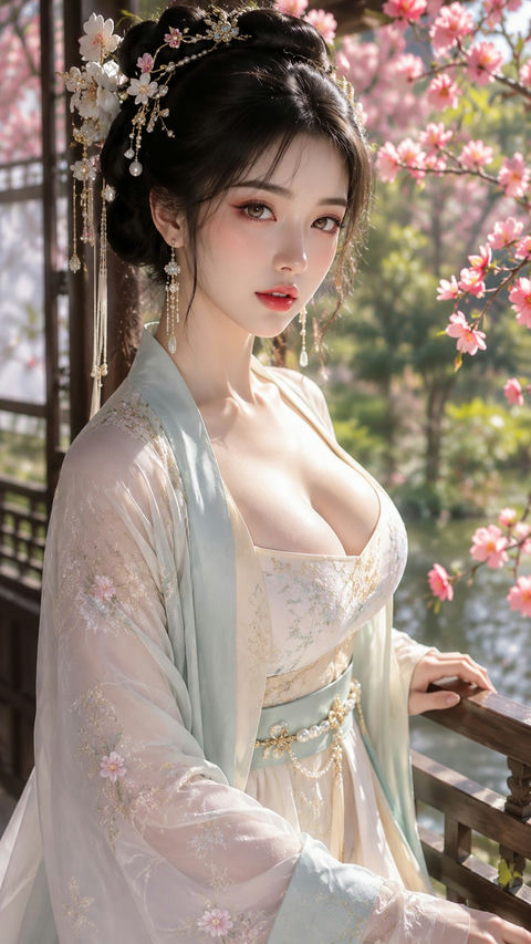 古风贵女春日海棠庭院水光美妆写真 - AI图片提示词示例