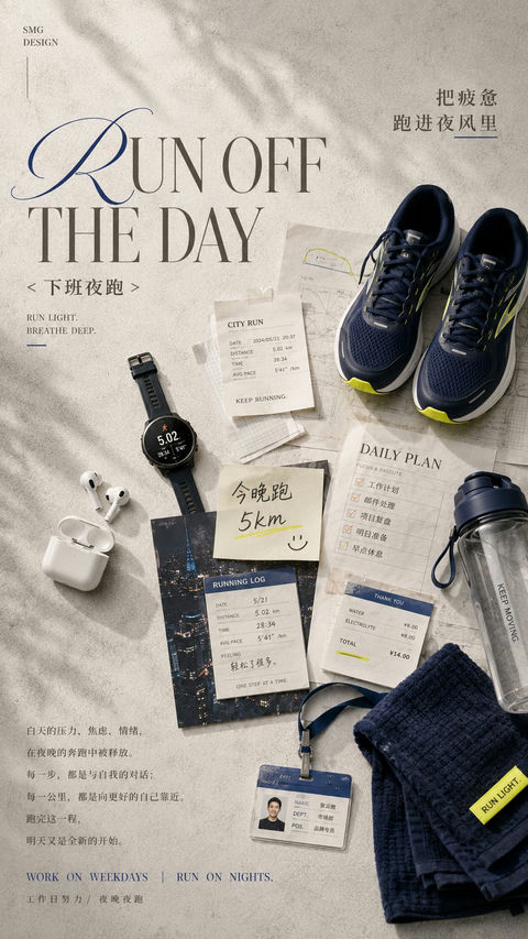 下班后的生活方式静物拼贴海报 - AI图片提示词示例