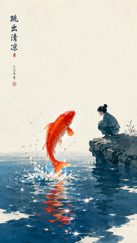 东方禅意极简高对比鲤鱼跃水插画 - AI图片提示词示例