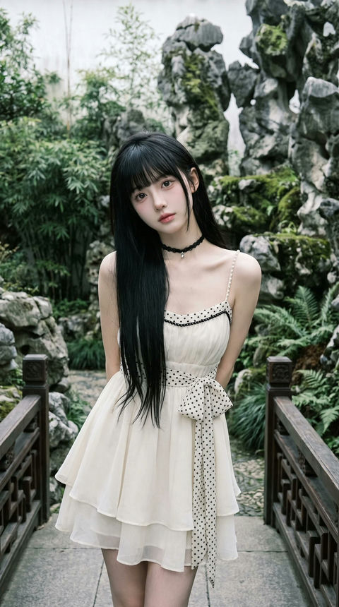 超写实中式园林黑发少女电影感肖像 - AI图片提示词示例