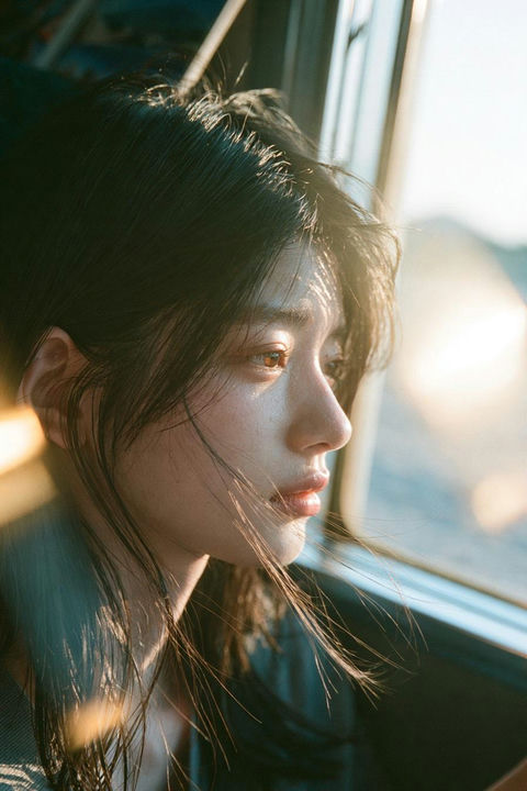 唯美海边夕阳窗边忧郁少女 - AI图片提示词示例