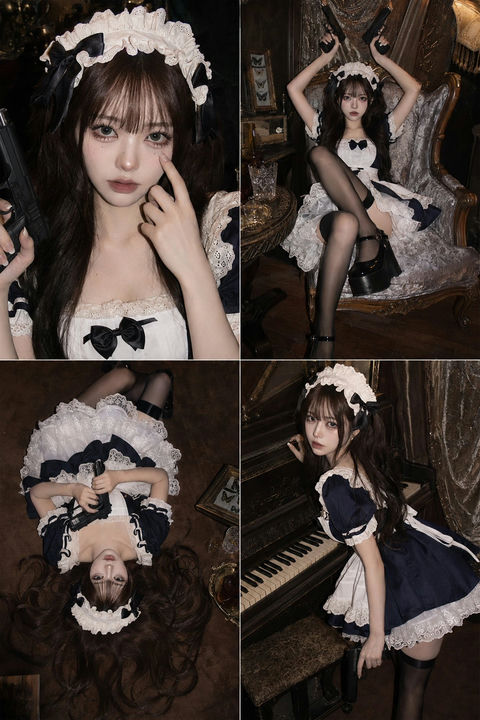 2x2宫格复古哥特女仆玩偶风写真 - AI图片提示词示例