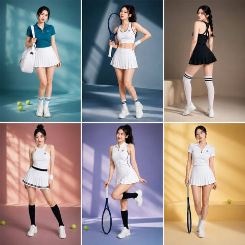 韩国美女模特奢华网球服时尚摄影六宫格 - AI图片提示词示例