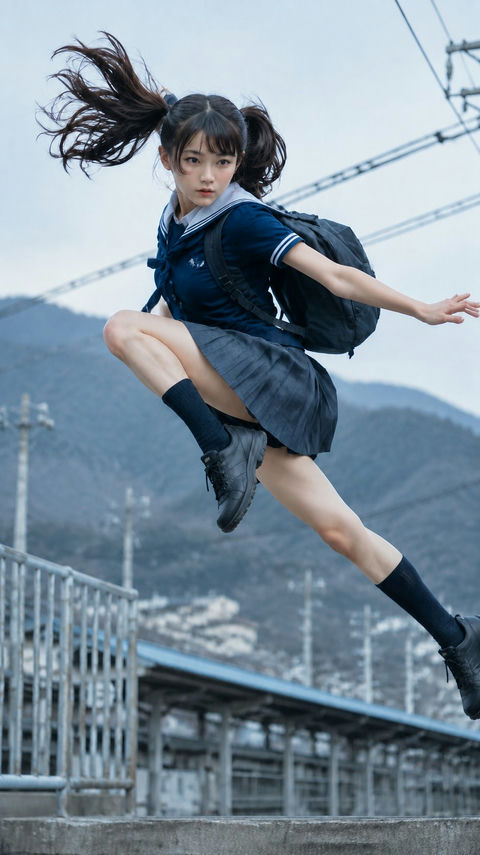 日系夏季制服少女山顶车站跃起写实全景 - AI图片提示词示例