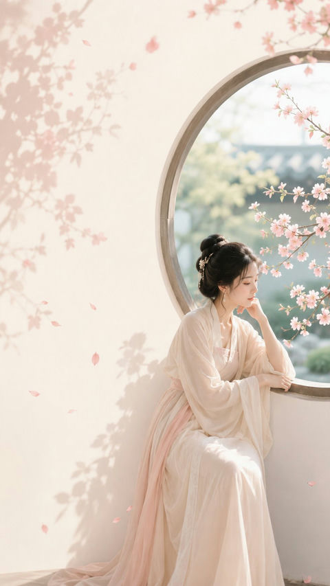 东方禅意月窗女子极简海报 - AI图片提示词示例