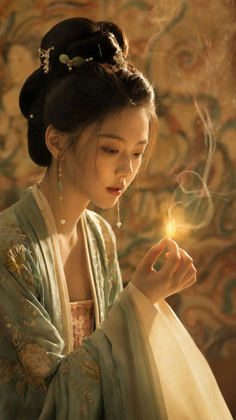 敦煌背景持金瓣汉服女子电影感特写 - AI图片提示词示例