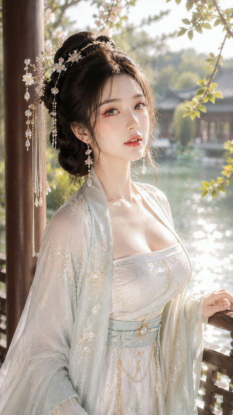 古风贵女湖畔水榭清润水光写真 - AI图片提示词示例
