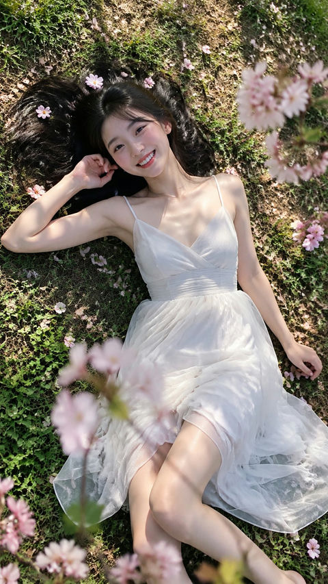 樱花草坪白纱裙年轻女性户外写真 - AI图片提示词示例