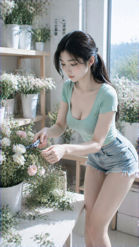 冷白清透薄荷绿CCD生活感花艺写真 - AI图片提示词示例