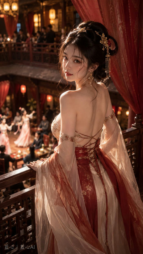 朱砂红轻纱回眸古风少女抓拍 - AI图片提示词示例