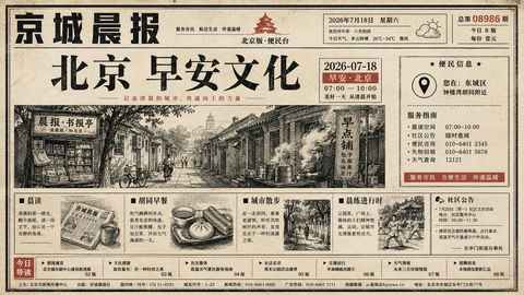城市早安文化旧报纸插画排版 - AI图片提示词示例