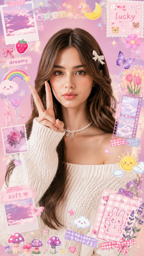 唯美可爱韩系少女Y2K拼贴风格人像 - AI图片提示词示例