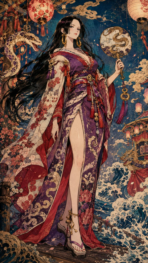 海贼王女性角色夏日祭典浮世绘插画 - AI图片提示词示例