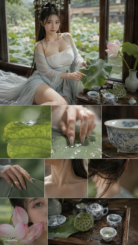 盛夏荷塘古风仕女写实摄影 - AI图片提示词示例