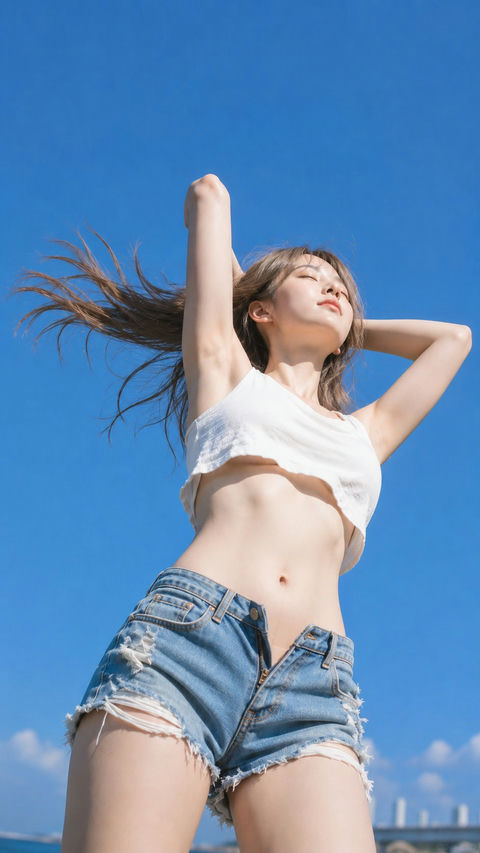 蓝天下长发飘扬的夏日时尚人像 - AI图片提示词示例