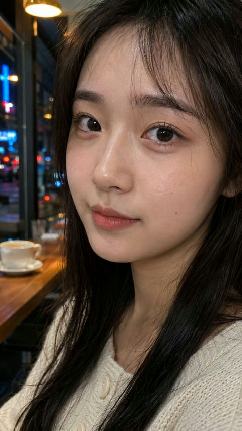 咖啡馆窗边真实侧脸年轻女性人像摄影 - AI图片提示词示例