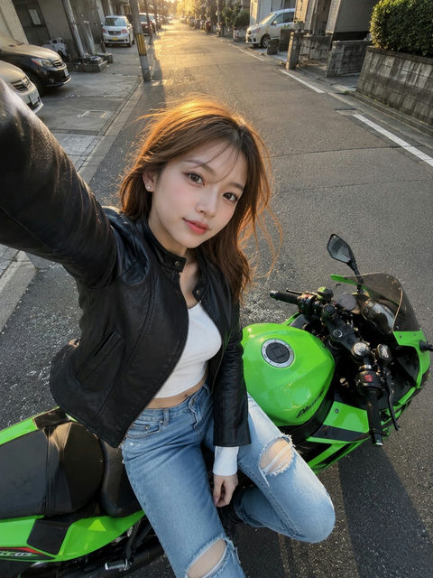 黄金时刻日系机车少女手机自拍 - AI图片提示词示例