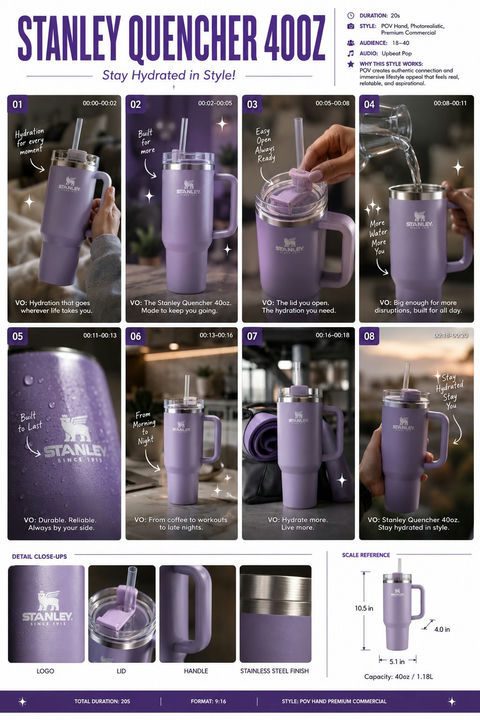 豪华Stanley水杯广告分镜脚本 - AI图片提示词示例