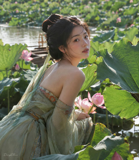 盛唐采莲女子手机纪实摄影 - AI图片提示词示例