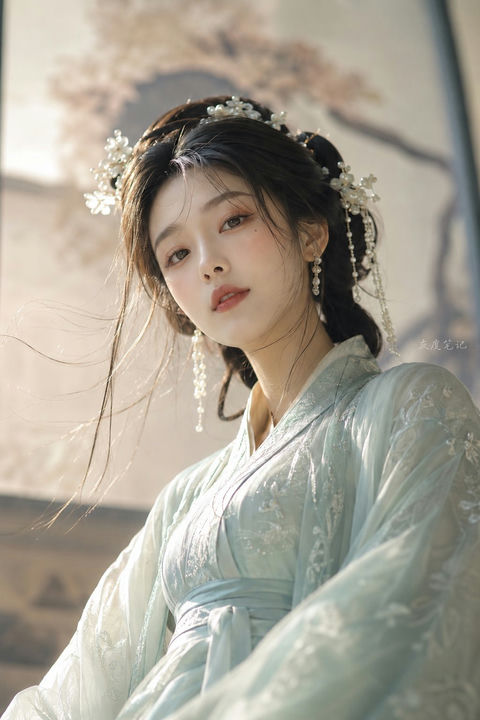 宋韵青衣温婉古风女子超写实半身像 - AI图片提示词示例
