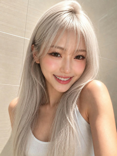 室内极简樱桃红发亚裔女性写实人像 - AI图片提示词示例