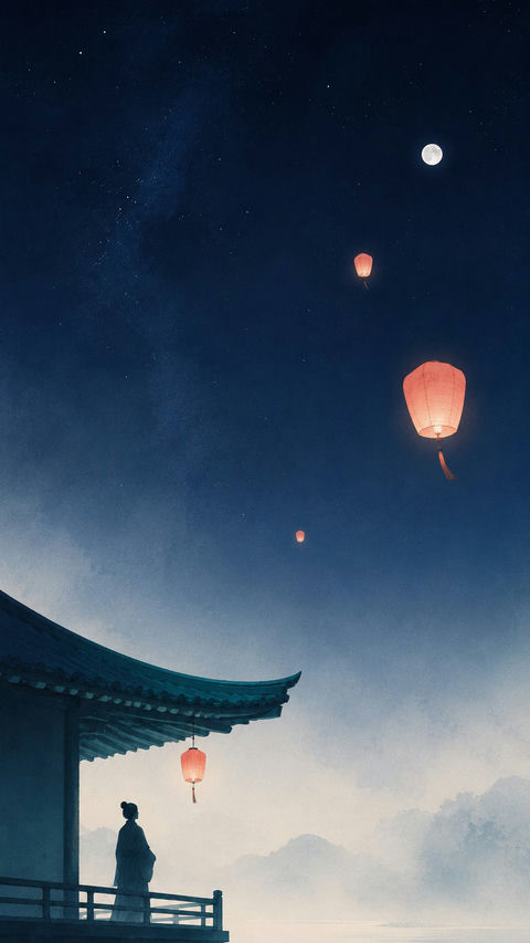 东方禅意极简高对比夜色观灯海报 - AI图片提示词示例
