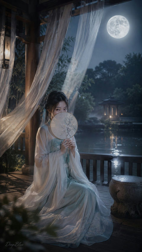 月夜亭台宋制汉服韩系美女 - AI图片提示词示例