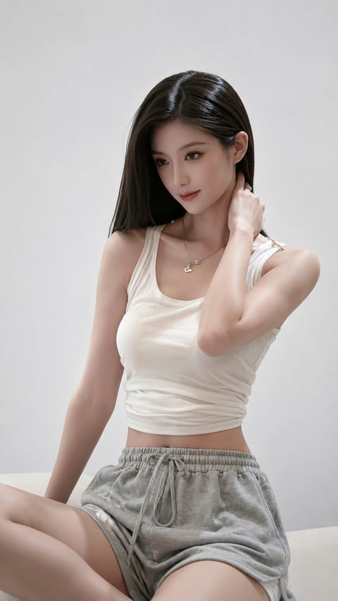极简主义白色室内东亚女性写实肖像 - AI图片提示词示例