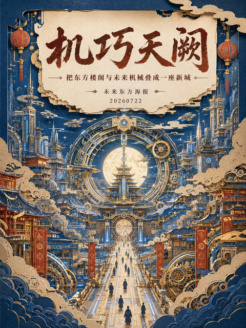 东方幻想纸雕风格高级艺术海报 - AI图片提示词示例