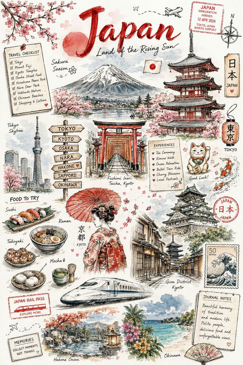 复古手绘旅行日志插画风格 - AI图片提示词示例
