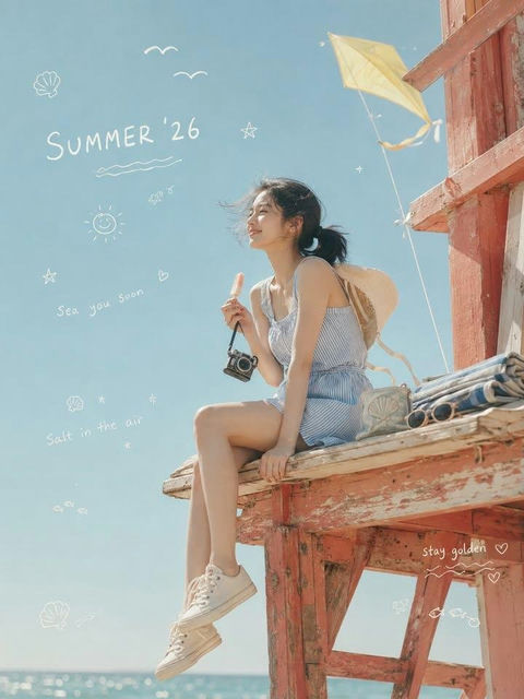 2026盛夏韩系复古海边少女写实摄影 - AI图片提示词示例