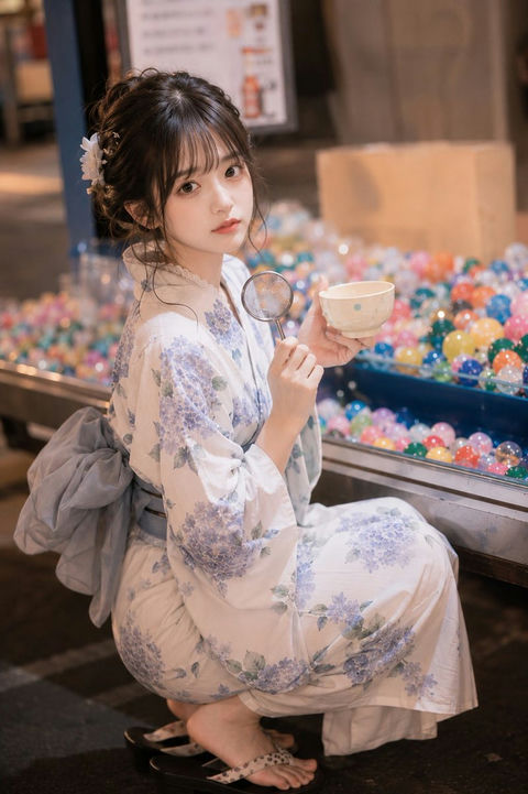 捞起夏色夏日祭水气球浴衣少女 - AI图片提示词示例