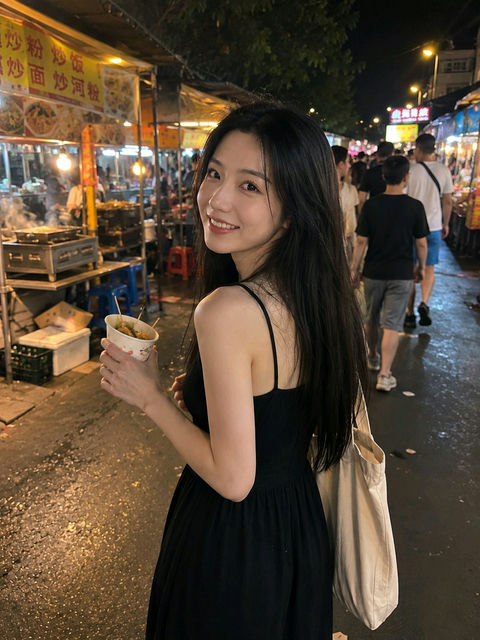 夜市回眸亚洲女性手机抓拍 - AI图片提示词示例