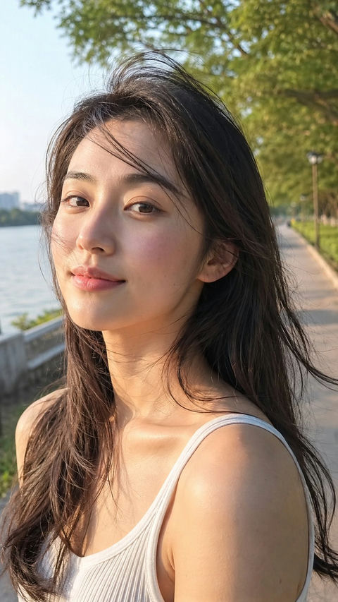 清晨河边步道清透少女真实质感人像摄影 - AI图片提示词示例