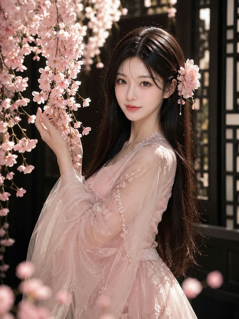 樱花树下粉色汉服东亚女性肖像 - AI图片提示词示例