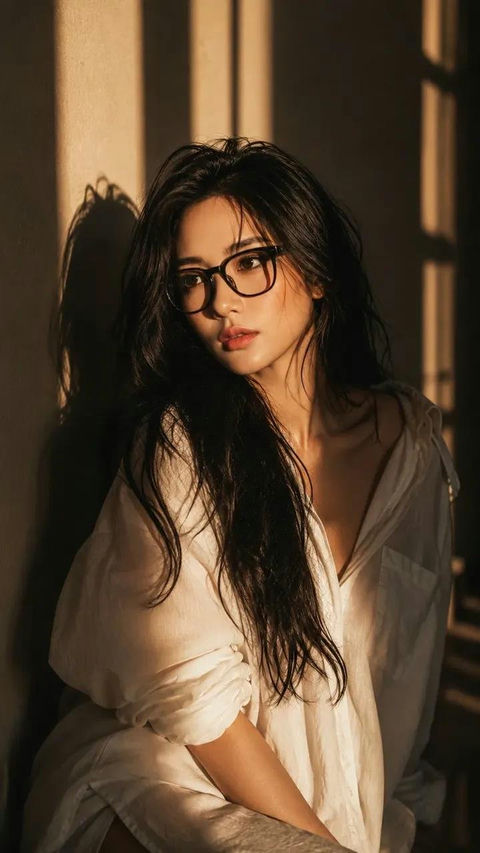 黄金时段窗边光影女性电影感人像 - AI图片提示词示例