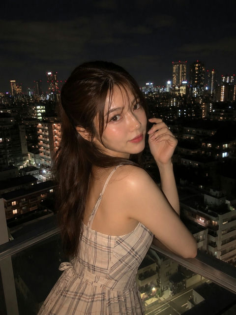 城市夜景阳台奶油色格纹裙美女肖像 - AI图片提示词示例