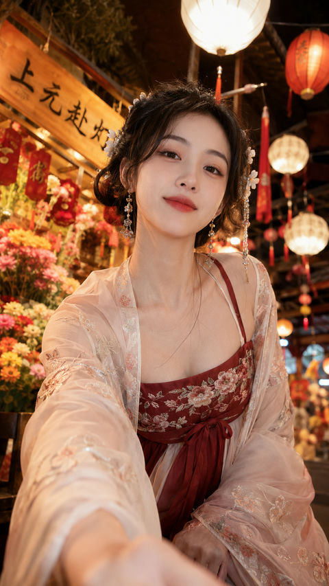 上元灯火映红颜：古风少女的温柔邂逅 - AI图片提示词示例