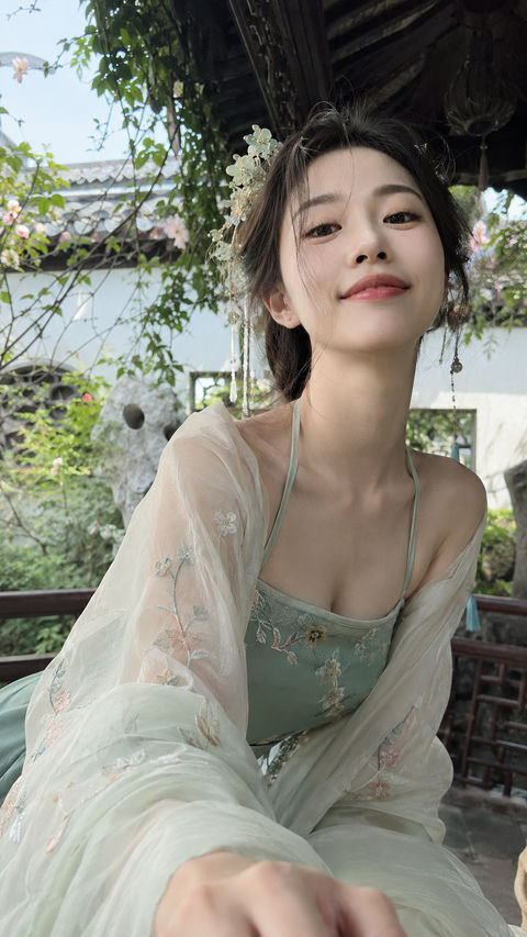 庭院深处寻芳影：古风少女近距离互动旅拍 - AI图片提示词示例