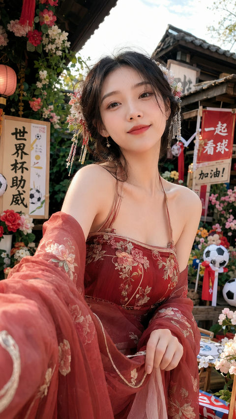 绛红锦绣：世界杯应援古风少女近距离实拍 - AI图片提示词示例