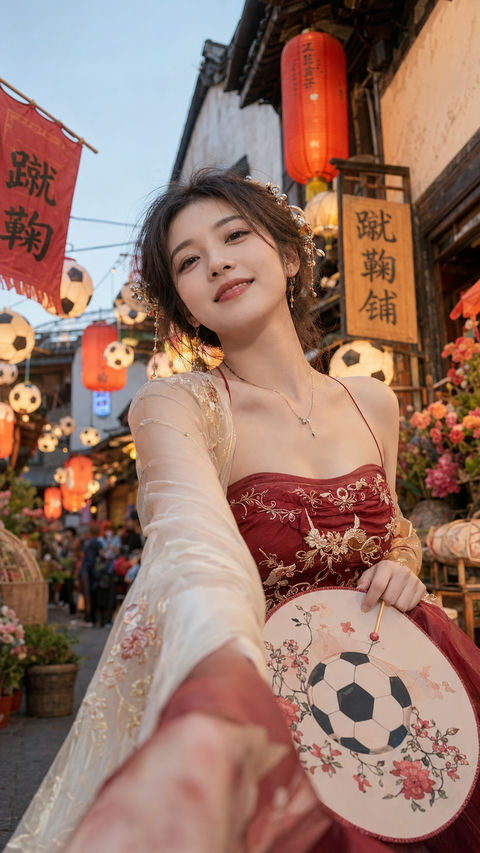 绯红古韵世界杯足球少女应援 - AI图片提示词示例