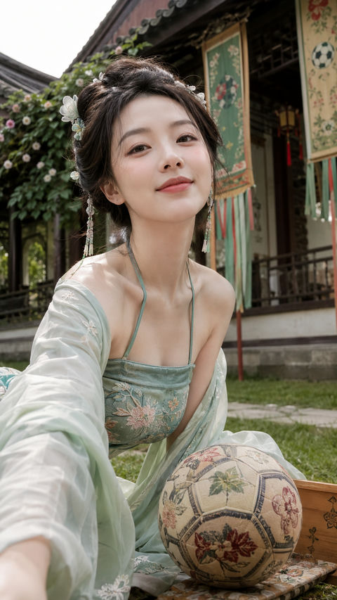 青绿古风少女与世界杯蹴鞠的跨时空邂逅 - AI图片提示词示例