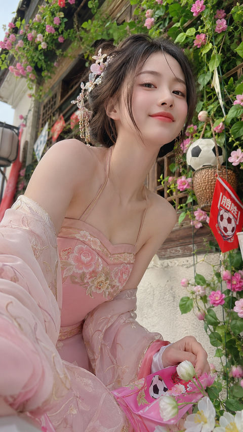 盛世繁花下的足球应援古风少女 - AI图片提示词示例