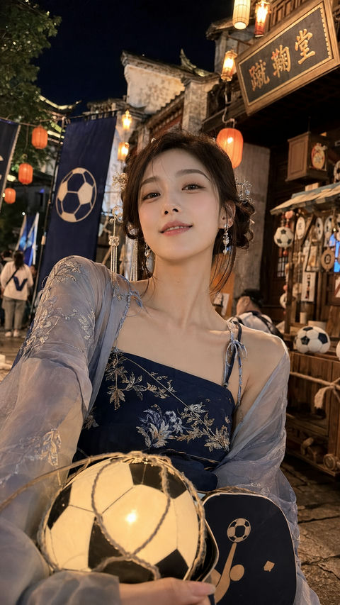 古风少女与世界杯狂欢之夜的唯美邂逅 - AI图片提示词示例