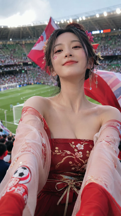 盛世绿茵古韵：世界杯看台上的汉服应援少女 - AI图片提示词示例