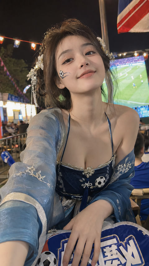 盛世绿茵：古风少女在世界杯之夜的温柔应援 - AI图片提示词示例