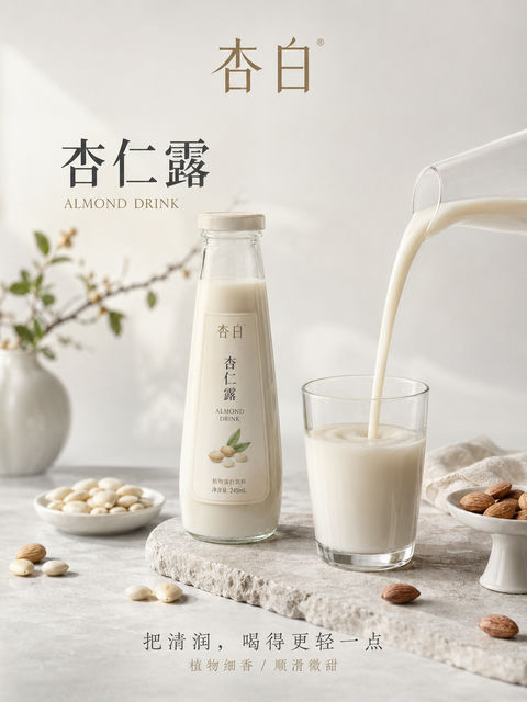 杏白极简中式高端杏仁露摄影海报 - AI图片提示词示例