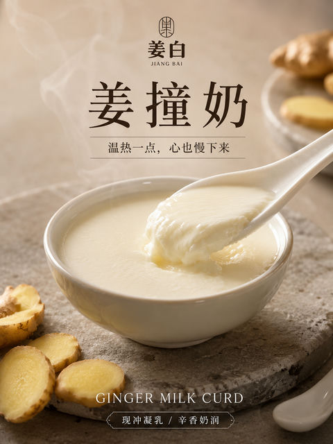 中式美学姜撞奶高端写实摄影海报 - AI图片提示词示例