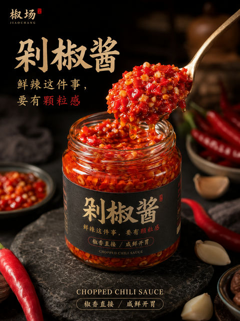 椒场高端剁椒酱颗粒感写实海报 - AI图片提示词示例