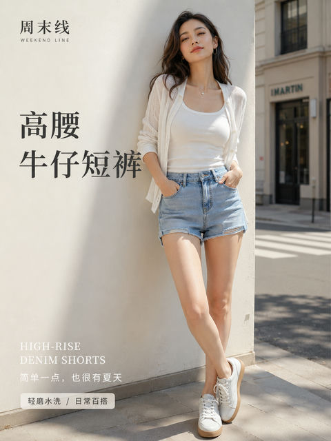 夏日午后街道高级感高腰牛仔短裤时尚海报 - AI图片提示词示例